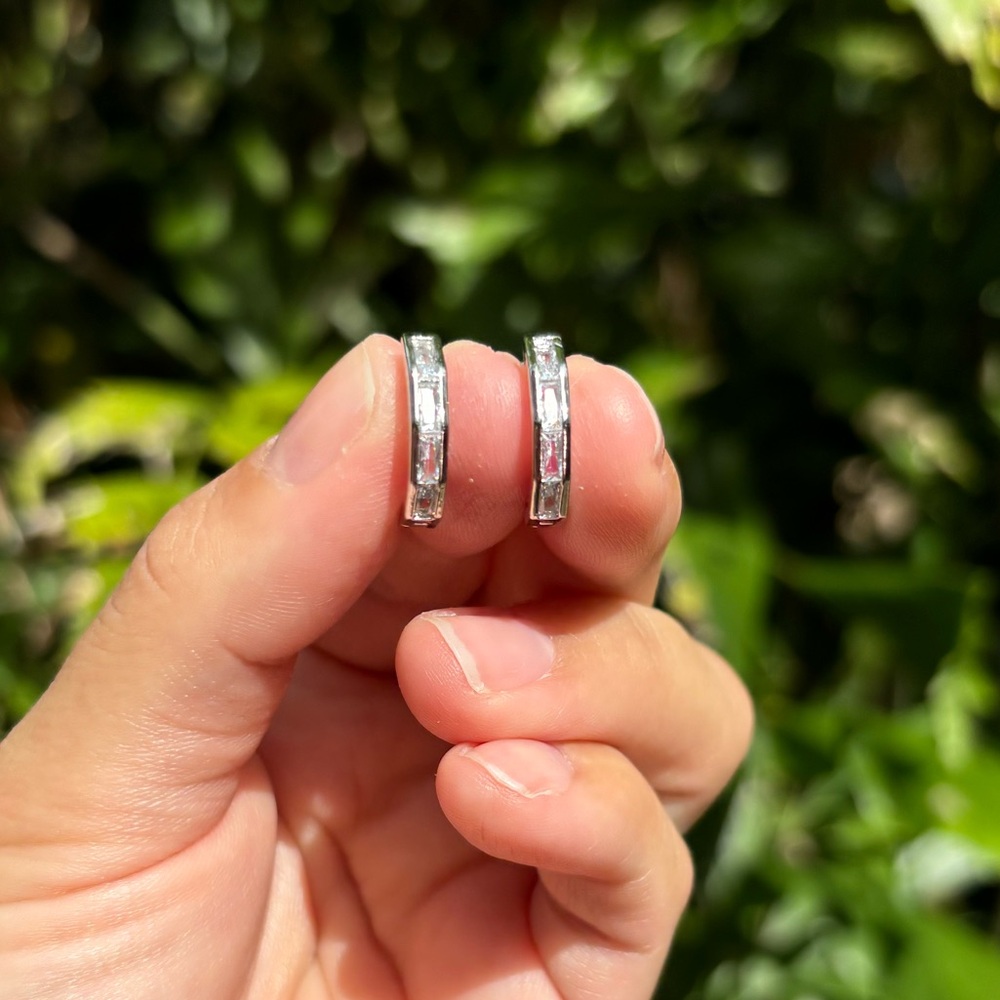 18K White Gold Plated Stainless Steel Diamond Hoop Earrings